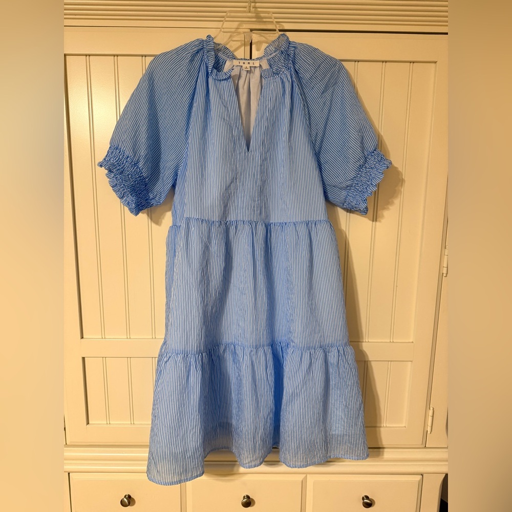 THML Light Blue Striped Tiered Dress with Puff Sleeves size Small